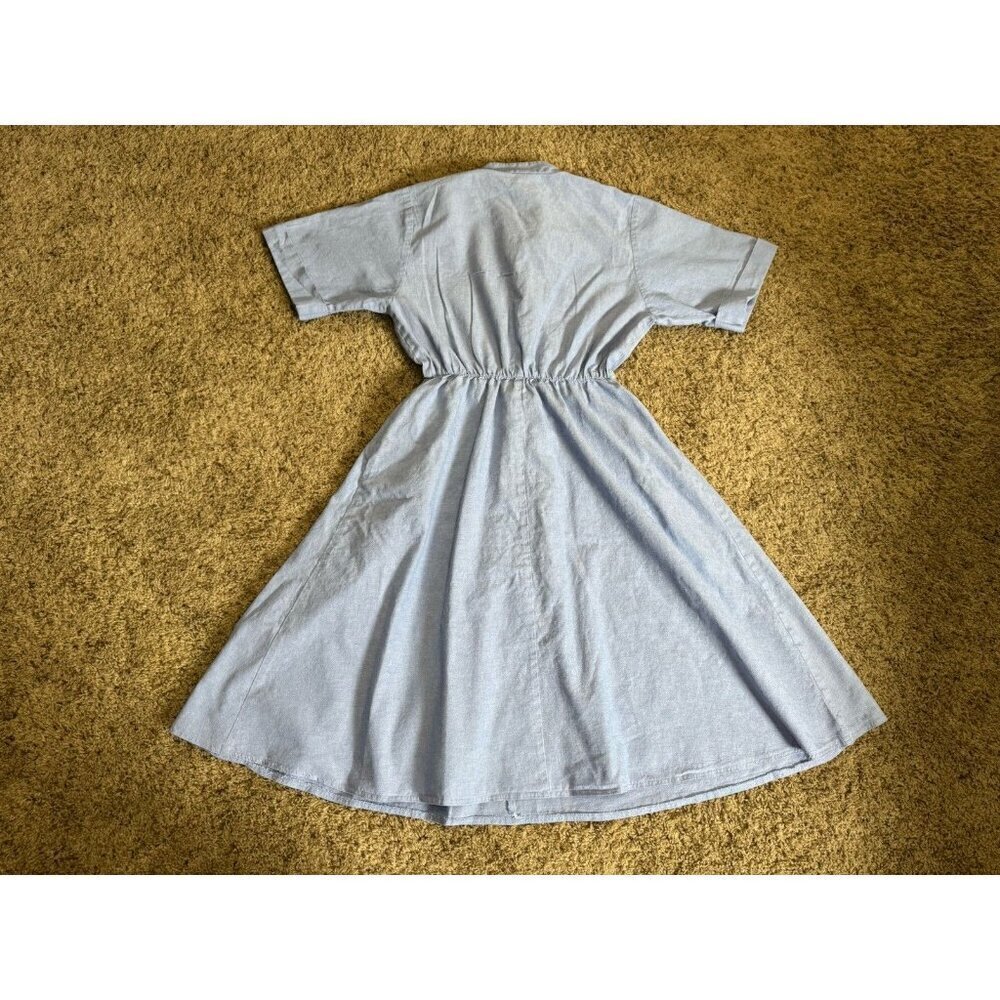 Vintage 70s 80s Fit & Flare Midi Dress Blue Stripe Elastic Waist Cotton USA 10 - Picture 2 of 9